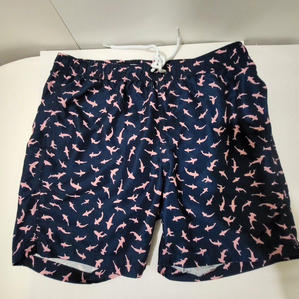 Maamgic Men's Swimming Trunks, Shark Design Navy Blue And Pink ‎ Size Large